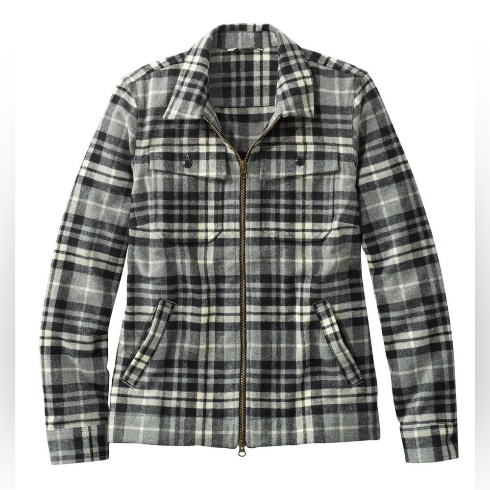 L.L. Bean Gray and Black Plaid Zip-Front Wool Shirt Jacket
